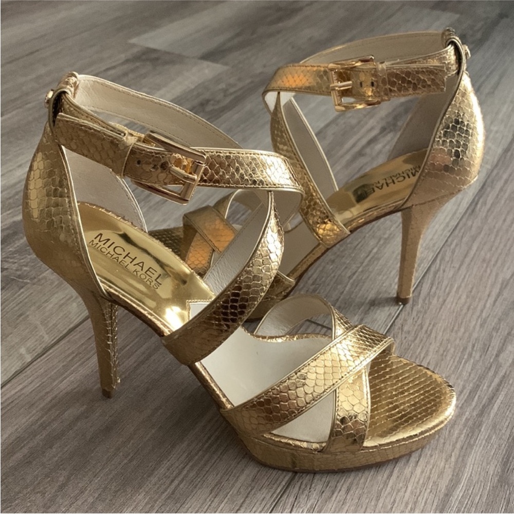 Michael Kors Evie Gold Snake Embossed
Leather Platform Heel